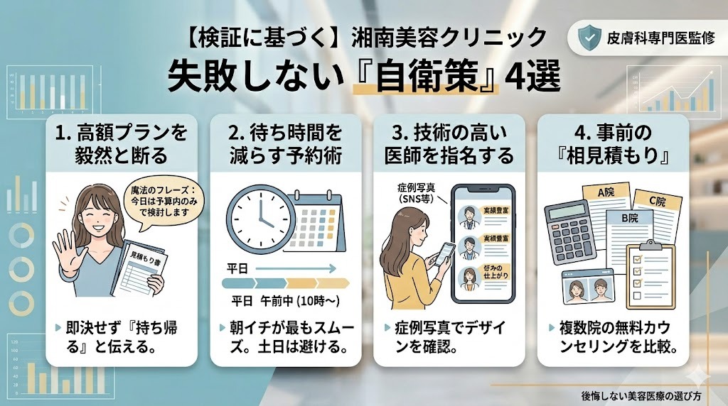 高額プランを笑顔で断る女性のイラスト。「今日は予算内のみで検討します」という魔法のフレーズを使って、一旦持ち帰る姿勢を示しています。