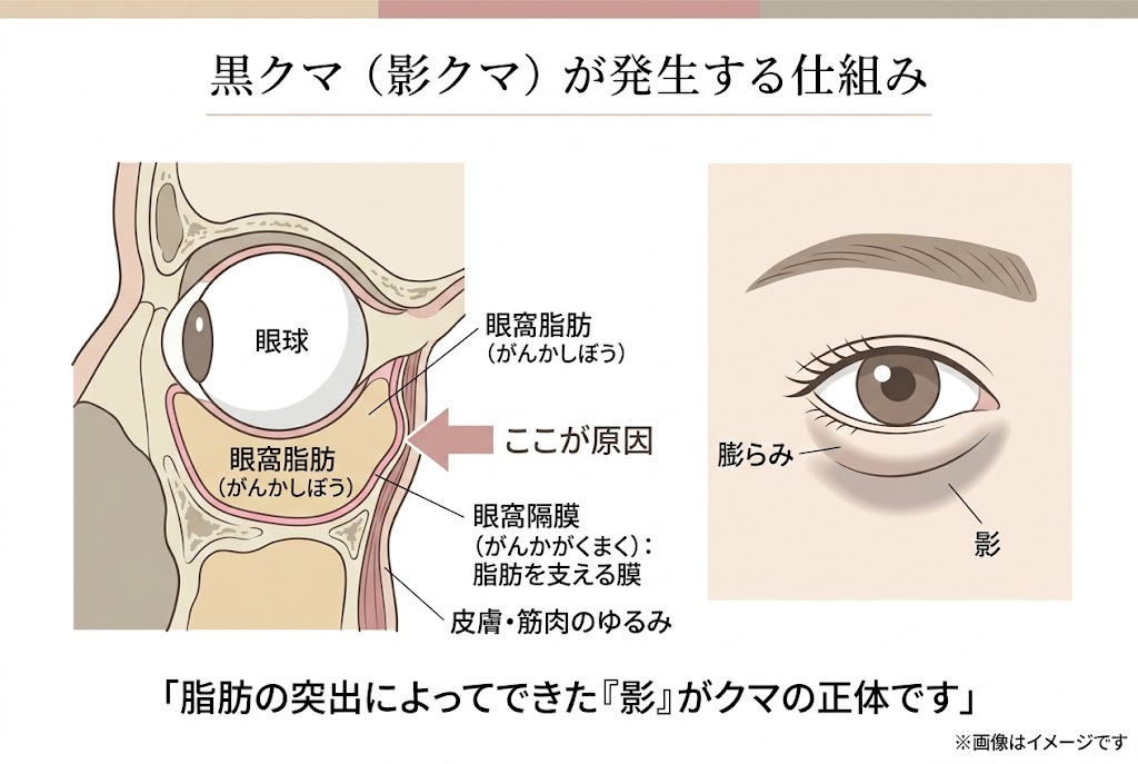 黒クマ（影クマ）が発生する仕組みの図解。目の断面図と正面図を使い、皮膚や筋肉のゆるみによって眼窩脂肪（がんかしぼう）が突出し、その下にできる影がクマの正体であることを説明しています。