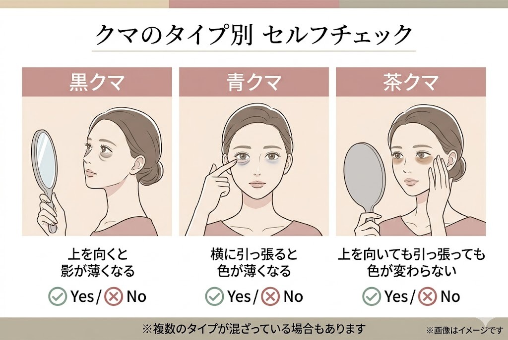 クマのタイプ別セルフチェックの解説図。黒クマ（上を向くと影が薄くなる）、青クマ（横に引っ張ると色が薄くなる）、茶クマ（上を向いても引っ張っても色が変わらない）の特徴と見分け方をイラストで説明しています。