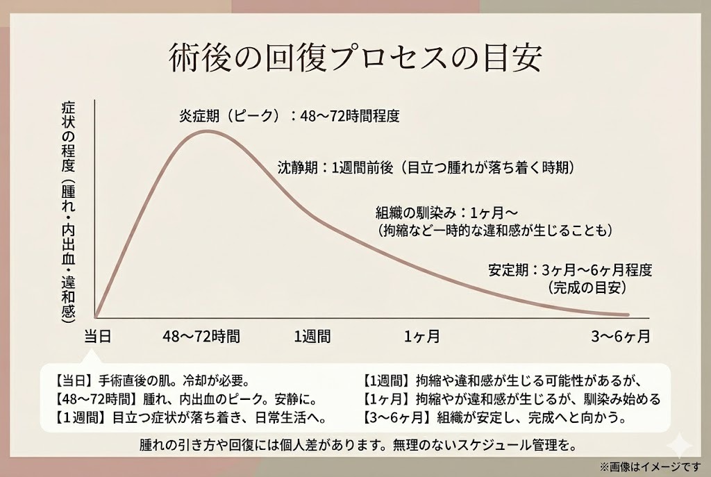 クマ取り術後の回復プロセスの目安を示すグラフ。当日から48〜72時間で腫れ・内出血のピーク（炎症期）を迎え、1週間前後で落ち着き、1ヶ月で組織が馴染み始め、3〜6ヶ月で安定（完成）するまでの推移を解説しています。