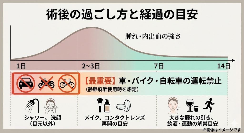 「術後の過ごし方と経過の目安」のグラフ。術後1日目は目元以外のシャワー・洗顔、2〜3日目はメイク・コンタクト再開、7日〜14日目は大きな腫れが引き飲酒・運動が解禁となる目安を、腫れのピークを示す山型グラフとともに解説している図。また、静脈麻酔使用時を想定した車・バイク・自転車の運転禁止期間も示している。