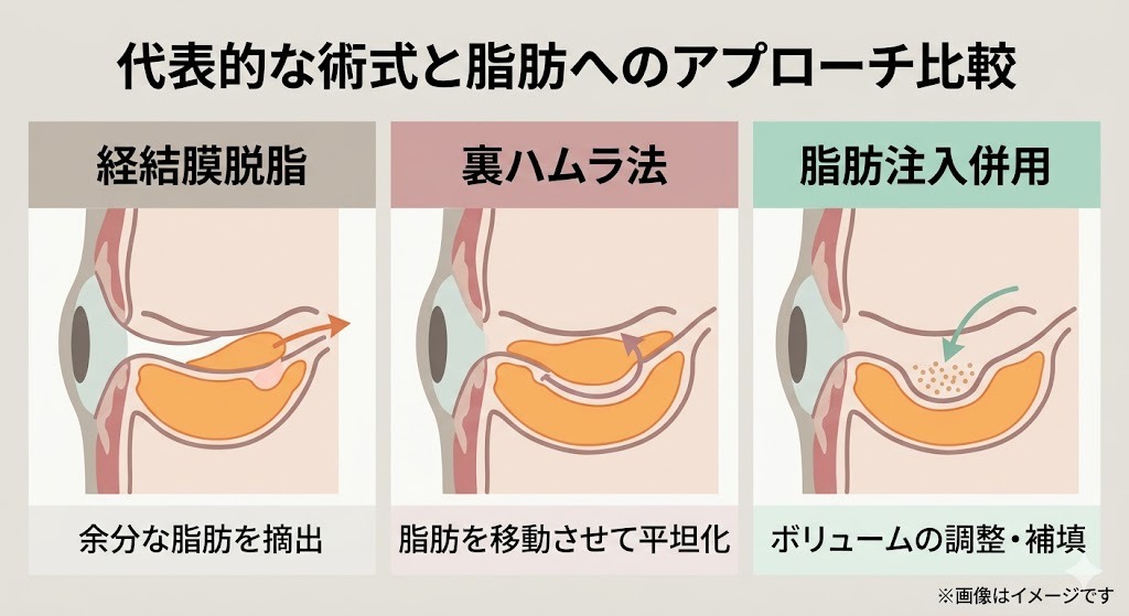 「代表的な術式と脂肪へのアプローチ比較」の解説図。経結膜脱脂(余分な脂肪を摘出)、裏ハムラ法(脂肪を移動させて平坦化)、脂肪注入併用(ボリュームの調整・補填)の3つの術式について、目の断面イラストを用いて違いを説明している図。