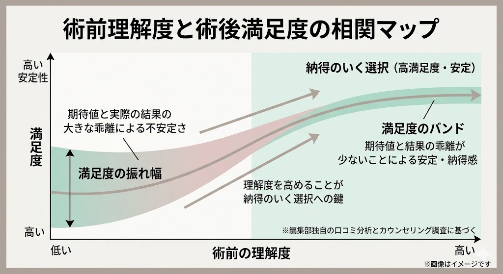 「術前理解度と術後満足度の相関マップ」のグラフ。術前の理解度が低いと期待値との乖離により満足度が不安定になり、理解度を高めることで期待値との乖離が少なくなり「納得のいく選択(高満足度・安定)」に繋がることを示す、編集部独自の口コミ分析とカウンセリング調査に基づく図。