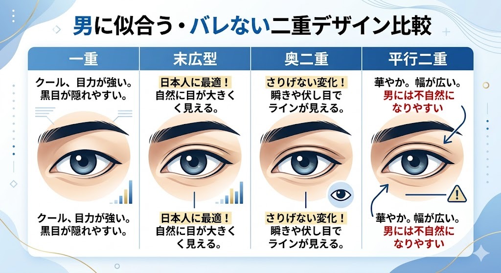 男性の二重デザイン比較図。一重、日本人に自然な末広型、さりげない奥二重、不自然になりやすい平行二重の目元イラスト。